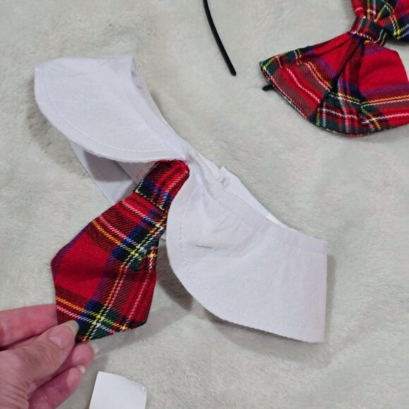 Party King ✦ Schoolgirl Costume Set ✦ Plaid Skirt White Crop Top Collar Hair Bow - Picture 9 of 13